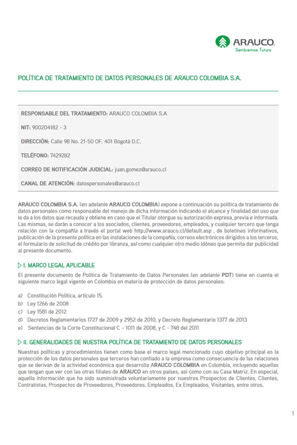 Política de tratamiento de datos personales de Arauco Colombia SA